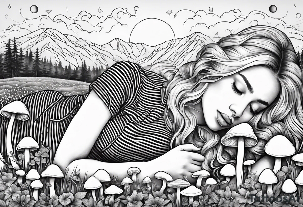 Straight blonde hair girl in black and white striped dress sleeping in a field of mushrooms with mountains s
and crescent moon mandala background tattoo idea