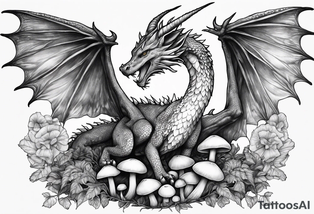 Mother dragon wings spread field of mushrooms tattoo idea