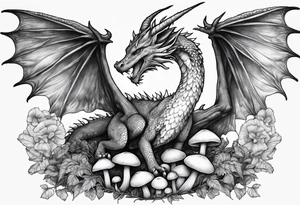 Mother dragon wings spread field of mushrooms tattoo idea