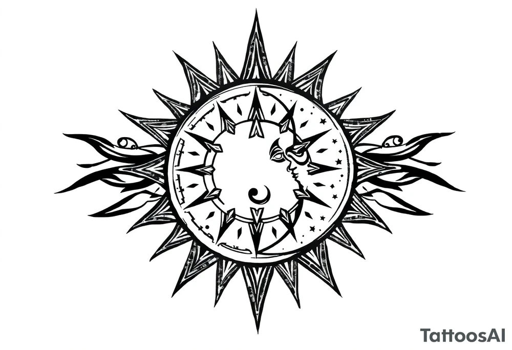 celestial sun and moon embrace with constellation patterns tattoo idea