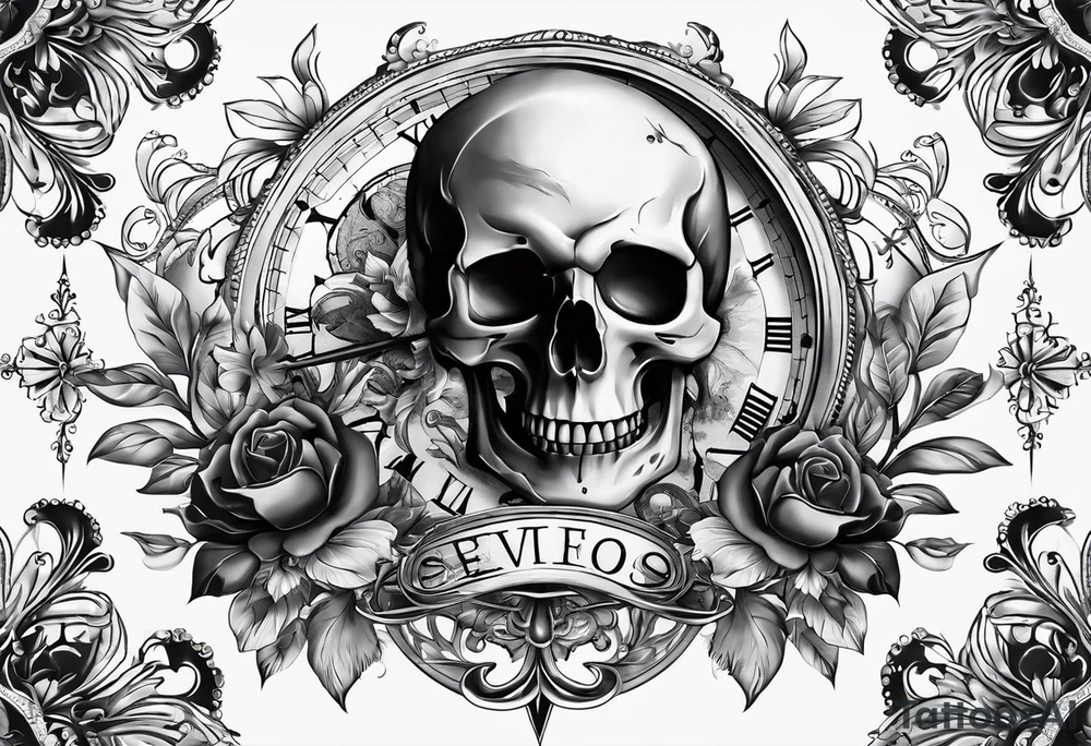 clock and compass and skull with no flower tattoo idea