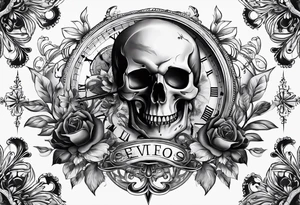 clock and compass and skull with no flower tattoo idea