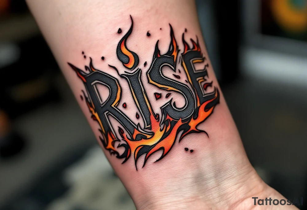 “Rise” in charcoal black capital letters, with burnt orange flames curling around the base above knee. tattoo idea