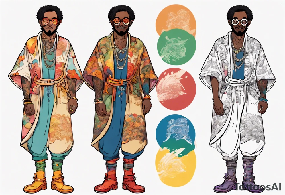 a medieval black man wearing round glasses and a rainbow tunic and scaled boots tattoo idea