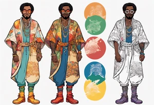 a medieval black man wearing round glasses and a rainbow tunic and scaled boots tattoo idea