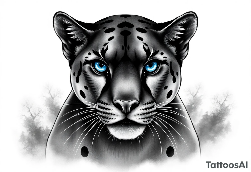 The puma should look strong, elegant, and slightly mysterious.

I want it to have striking, deep blue eyes – that’s an important feature.

Style: I’m open to realism or slightly stylized, but it should still look powerful and beautiful.

The expression should show confidence or calm focus – not aggressive, but alert and intelligent.

Background: Can be minimal or with subtle nature elements (like mist, forest shadows, or moonlight) – nothing too busy.

I’d like the overall composition to feel balanced and meaningful, something that represents inner strength and independence. I want it to look more realistic tattoo idea