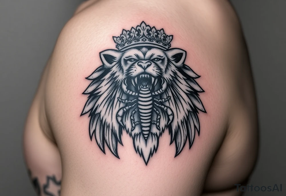 a powerful and majestic lion with a crown and in the middle of this crown , a realistic scorpion, tattoo idea