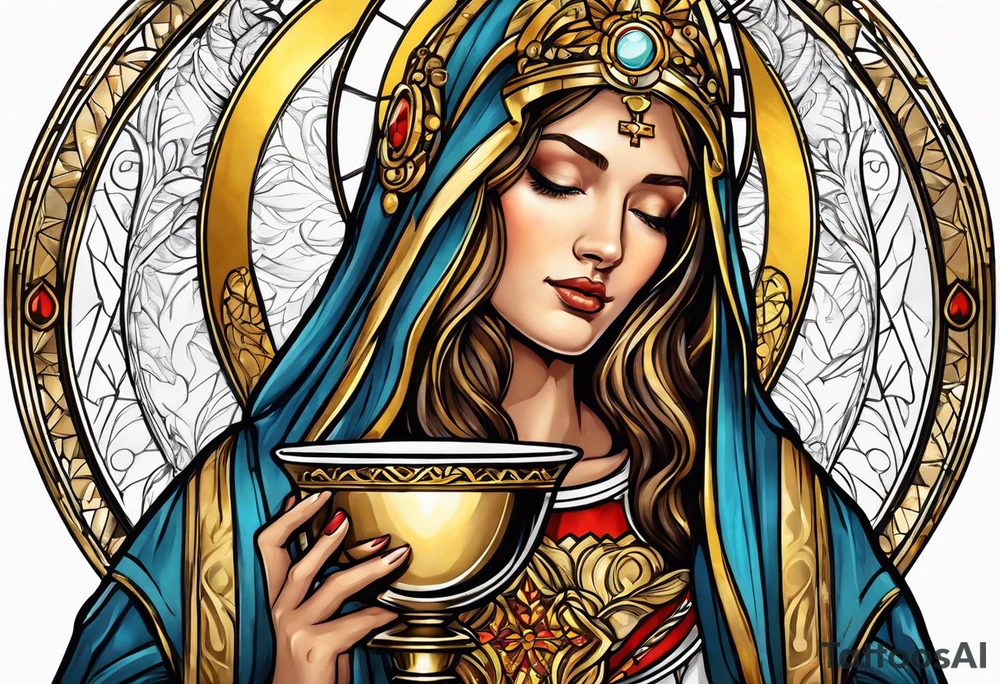 holy saint woman with golden halo holding a chalice tattoo idea