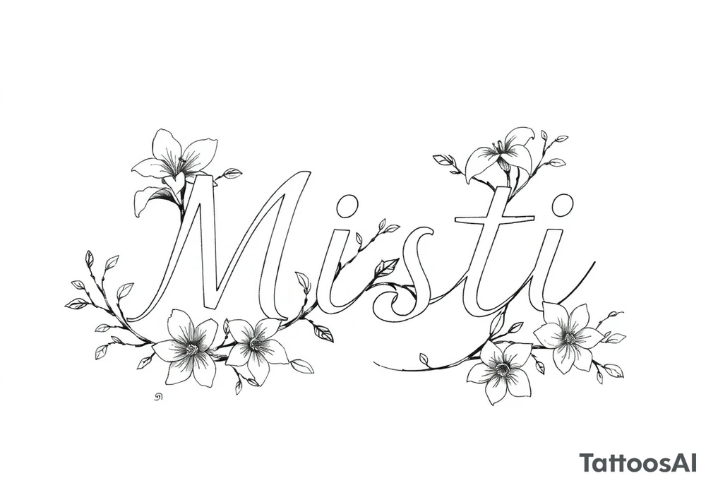 The word Misti surrounded by flowers, lilies. Vine in the letters. tattoo idea