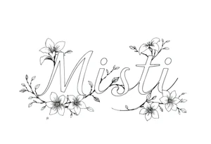 The word Misti surrounded by flowers, lilies.  Vine in the letters. tattoo idea