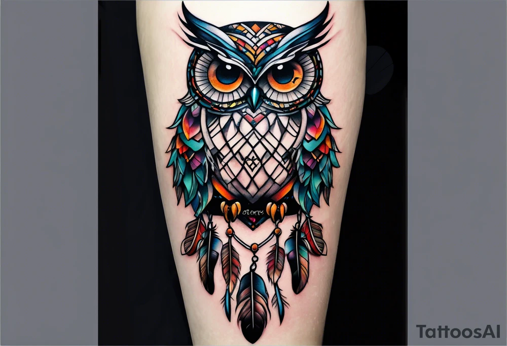 Owl and dreamcatcher back of calf sleeve tattoo idea