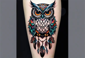 Owl and dreamcatcher back of calf sleeve tattoo idea