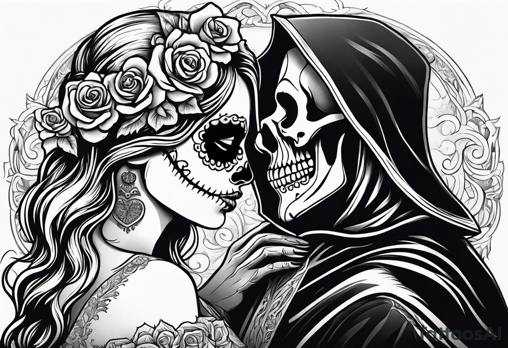 Day of the dead woman kissing grim reaper tattoo idea