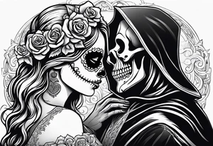 Day of the dead woman kissing grim reaper tattoo idea