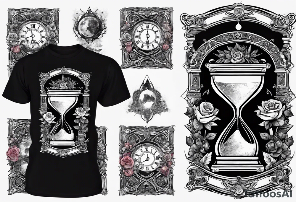 I want a design for printing on t-shirts, the design is an hourglass with a hand clock in the middle with Amazigh numbers, and these two main elements are mixed with thorny roses and planets tattoo idea