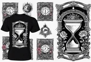 I want a design for printing on t-shirts, the design is an hourglass with a hand clock in the middle with Amazigh numbers, and these two main elements are mixed with thorny roses and planets tattoo idea