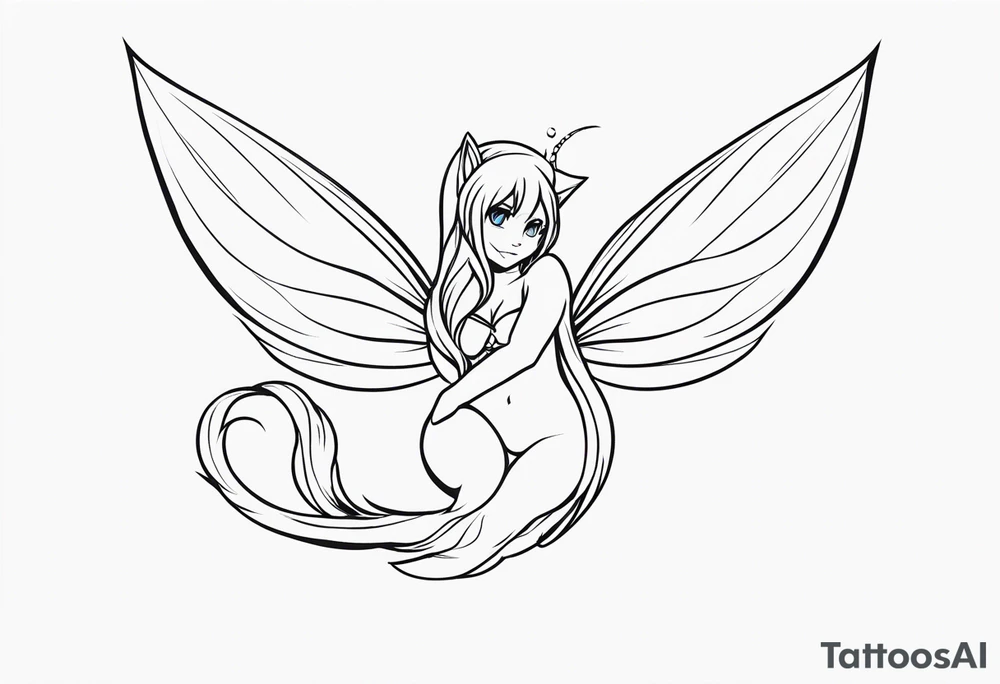 A fairy with a tail inspired by the logo of the show called Fairy Tail in a fetal position leaning with no ears tattoo idea