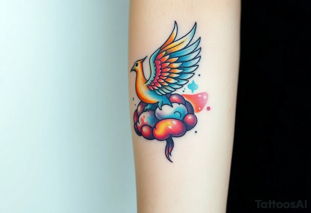 A phoenix rising out of a brain colorful tattoo idea