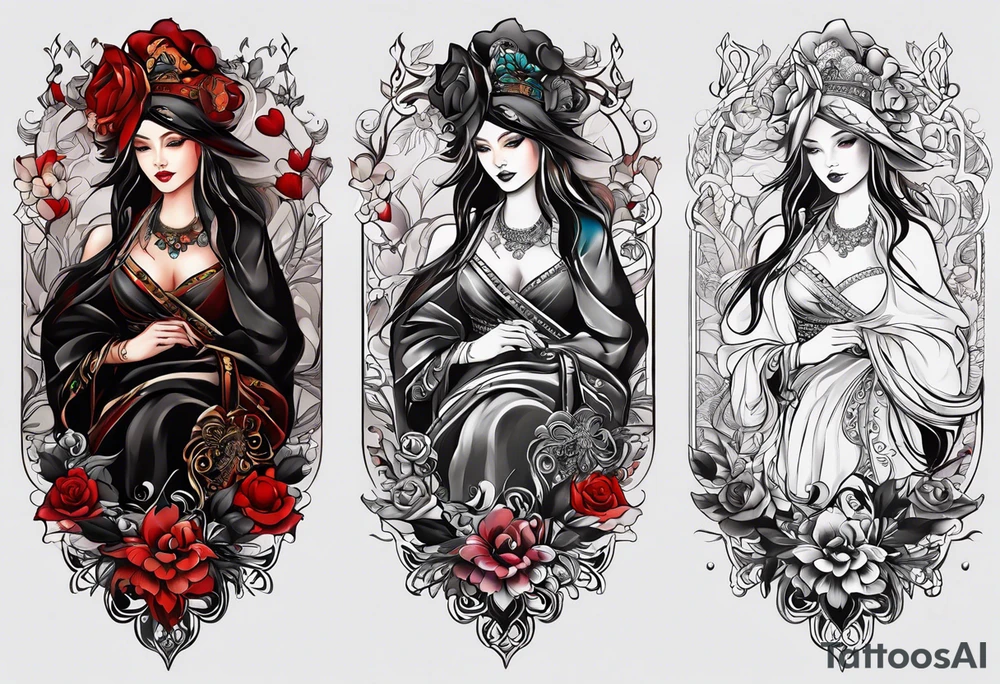 женщина демон с красными языками пламени за ней tattoo idea