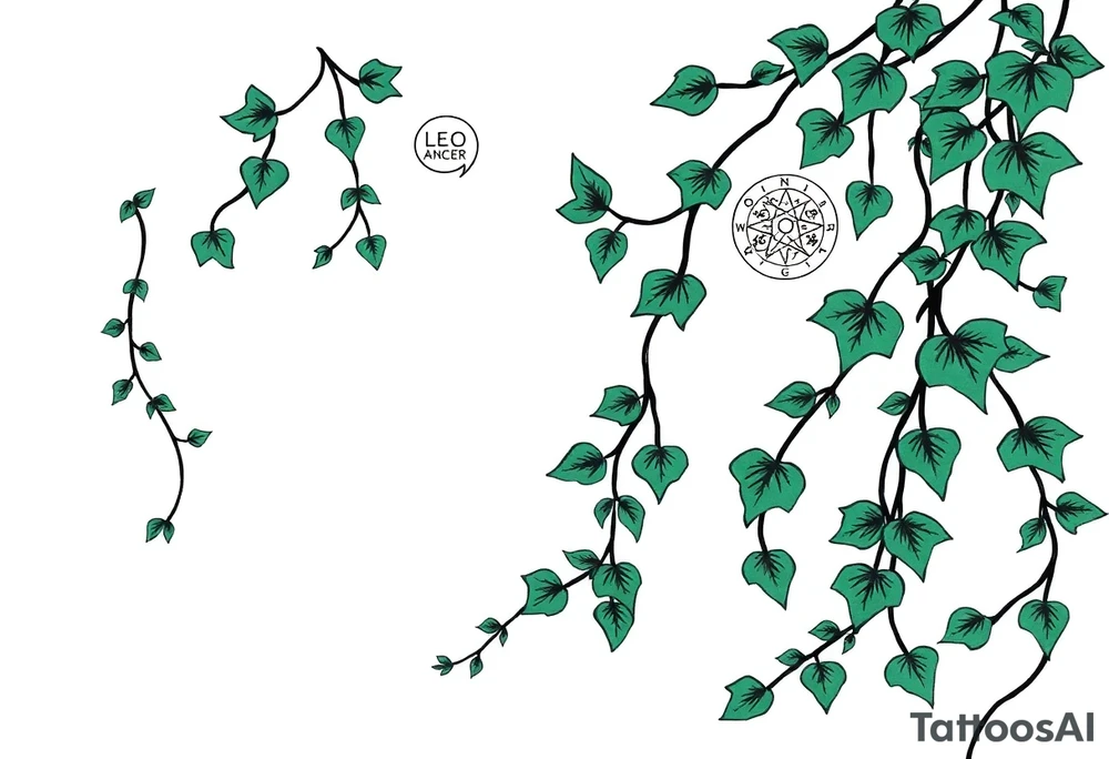 Ivy. Vines with wiccan symbols and zodiac signs cancer and leo tattoo idea
