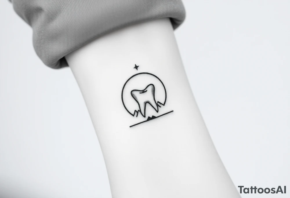 Minimalist molar tooth at the center of a half-circle crescent moon with a single falling star above and a subtle mountain silhouette at the bottom line, monochrome.” tattoo idea