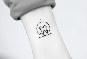 Minimalist molar tooth at the center of a half-circle crescent moon with a single falling star above and a subtle mountain silhouette at the bottom line, monochrome.” tattoo idea