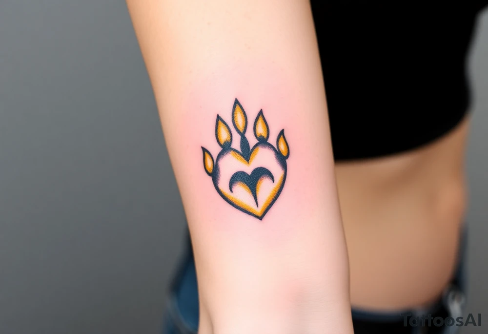 A lion paw with golden highlights and the heart surrounding the paw tattoo idea