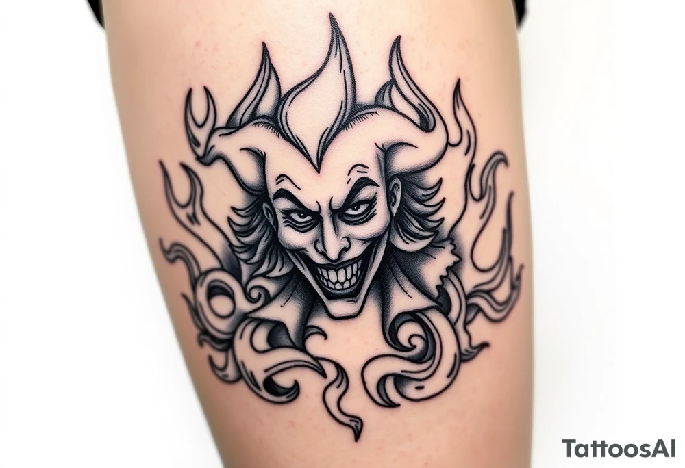 Powerful joker surrounded by flames tattoo idea