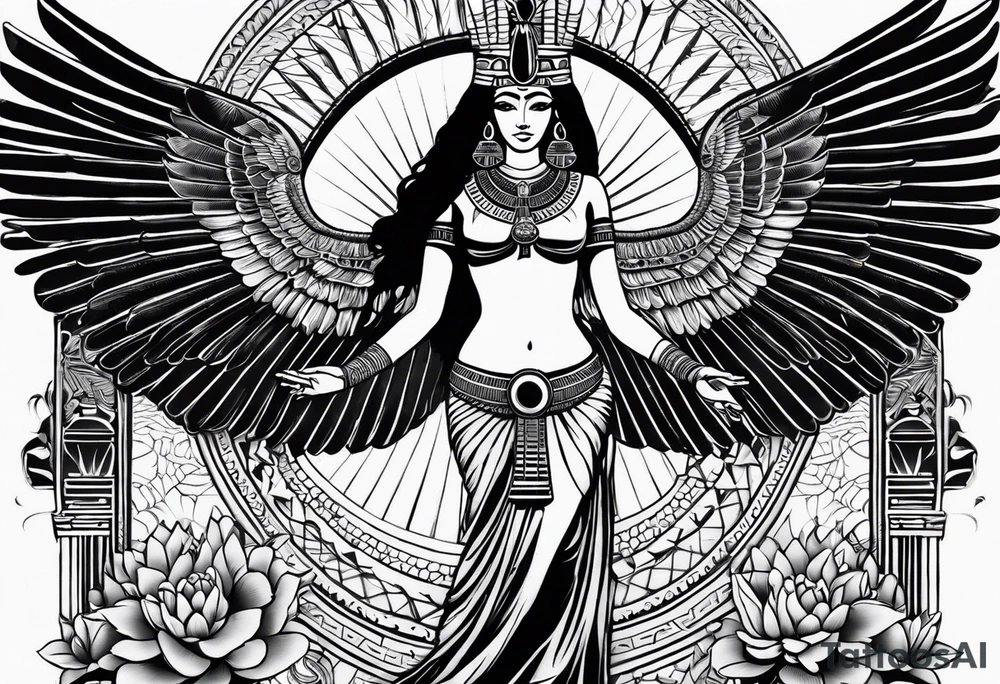 black and white Egyptian goddess Isis, who is often depicted as a woman with outstretched wings, holding an ankh (a symbol of life) in one hand and a lotus flower in the other. Her headdress often includes a throne or a solar disk. The tattoo design can vary in style and size, but it typically aims to capture the essence of this revered Egyptian deity, emphasizing her beauty, power, and maternal qualities. The choice of colors and additional elements can also be customized to create a unique and visually striking representation of the goddess Isis tattoo idea