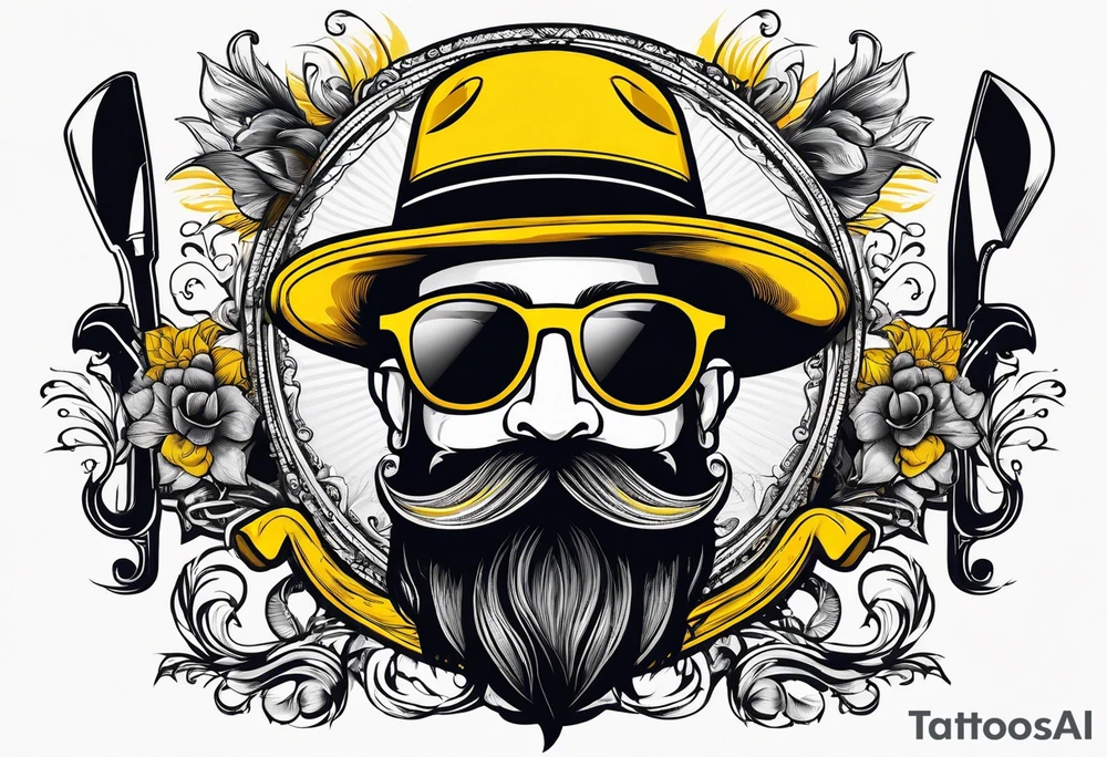 Attractive Male with yellow flat bill hat, mustache, round sunglasses, tools tattoo idea