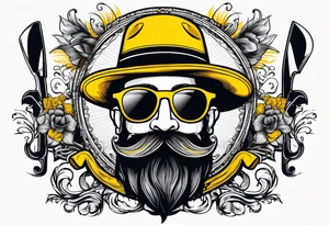Attractive Male with yellow flat bill hat, mustache, round sunglasses, tools tattoo idea