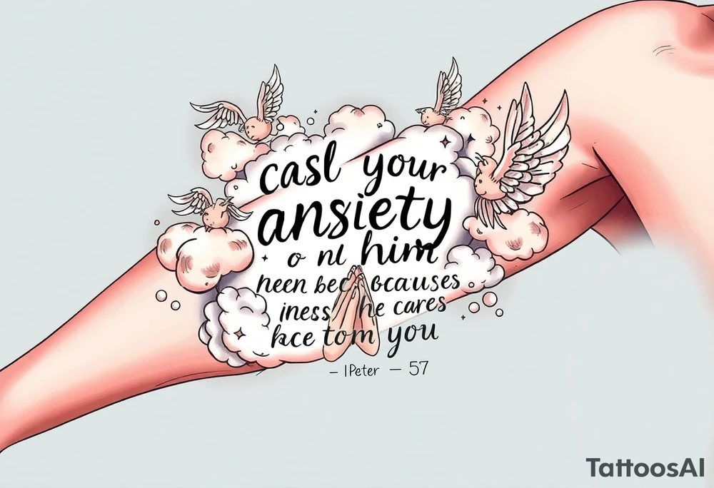 cast all your anxiety on him because he cares for you"  1 peter 5:7 surrounded with clouds and angels and praying hands tattoo idea