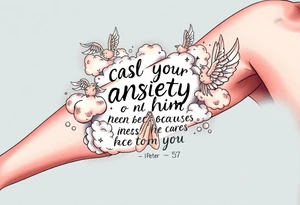 cast all your anxiety on him because he cares for you"  1 peter 5:7 surrounded with clouds and angels and praying hands tattoo idea