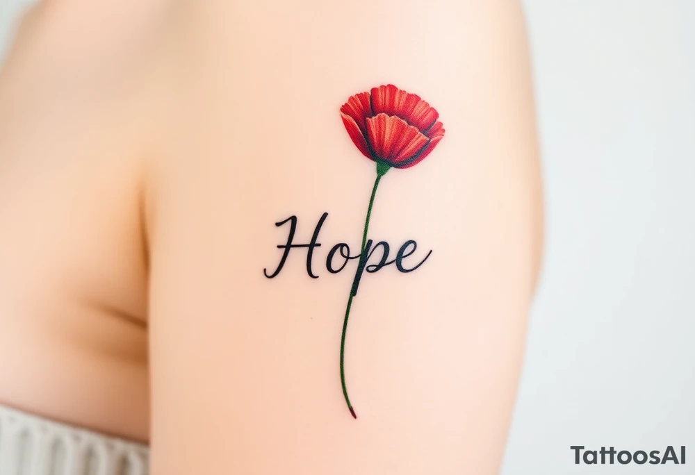 "Hope" forming the stem of a vibrant red poppy, its petals symbolizing resilience and remembrance tattoo idea