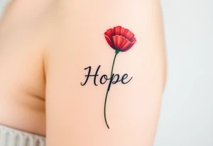 "Hope" forming the stem of a vibrant red poppy, its petals symbolizing resilience and remembrance tattoo idea