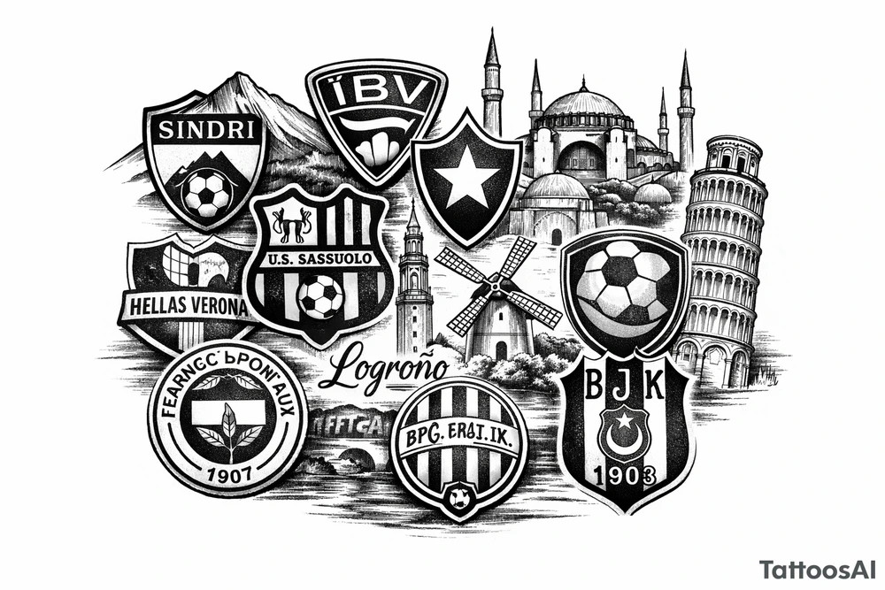 Iceland x3 (sindri, ibv, stjarnan)
Italy x2 (Verona, Sassuolo)
Spain (Logrono) 
Turkey x2 (Fenerbahce, Besiktas)
Hungary (Fradi)
France (Bordeaux) Something small that contains these countries or clubs tattoo idea