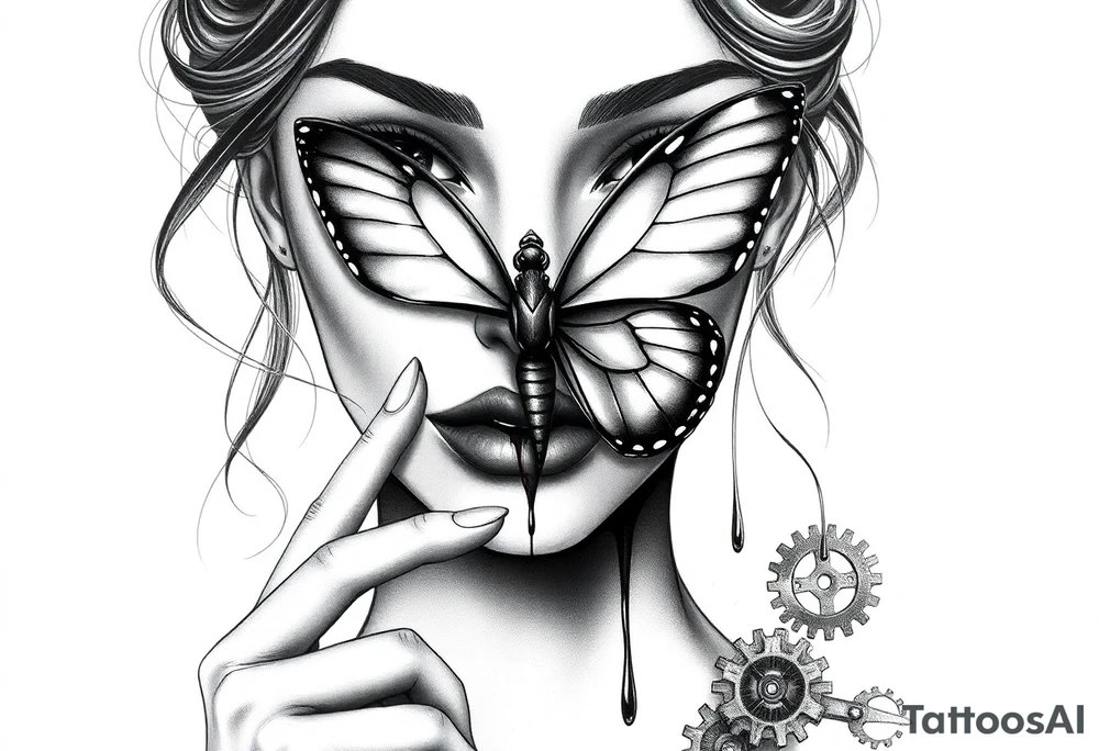 Black and grey realism tattoo design of a beautiful woman's face. And a butterfly landing g on her on the upper bridge of her nose so that the lower wings of the butterfly is covering both her eyes  the butterflys right lower wing is covering her right eye and the lower left of the butterfly wing is covering her left eye  (see no evil), with her left index finger is at her lips is shhh dont speak position (speak no evil). Her ears are dripping blood that is steaming down her neck and cheek. The style is black and grey realism, hyper-realistic, dark, and evil. Incorporate ninja gear elements and mechanical details (gears) subtly into the background or clothing for a gear ninja evil look. Design for a full forearm sleeve placement tattoo idea