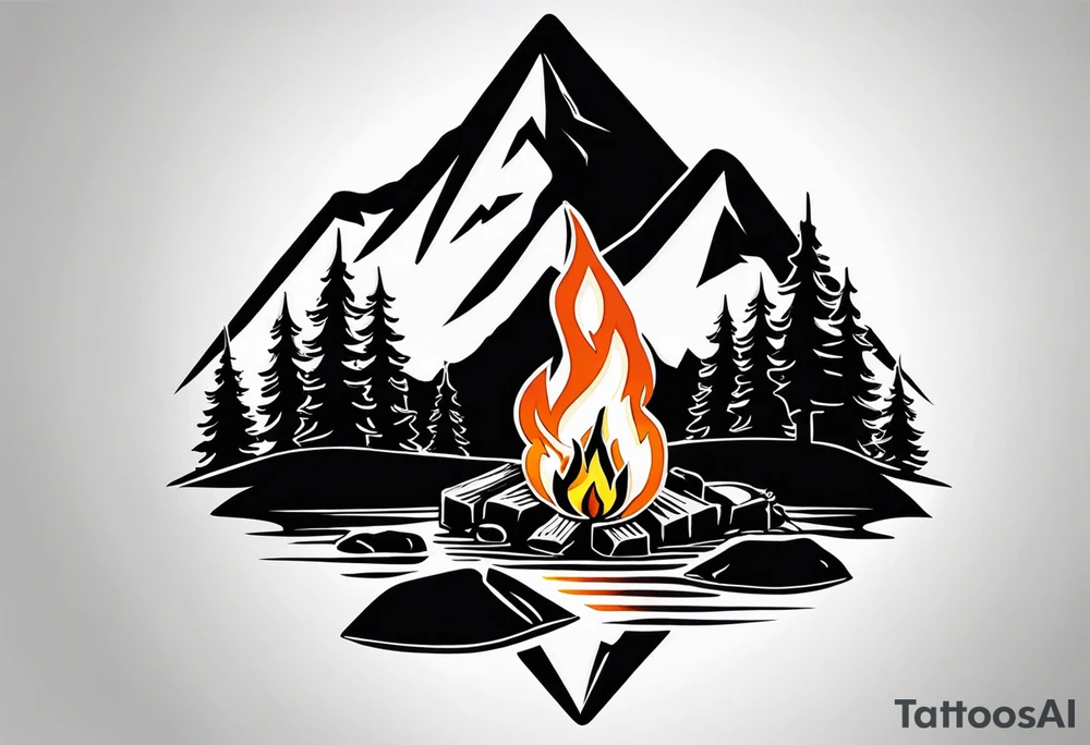 Small campfire in the center, right side: an evergreen tall tree, left side: mountain stream tattoo idea