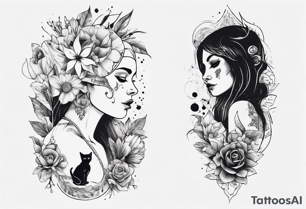 B&w tattoo arm with flowers dotting work and with an cat in it and a dark elf woman Scandinavian tattoo idea