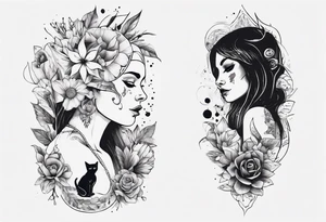 B&w tattoo arm with flowers dotting work and with an cat in it and a dark elf woman Scandinavian tattoo idea