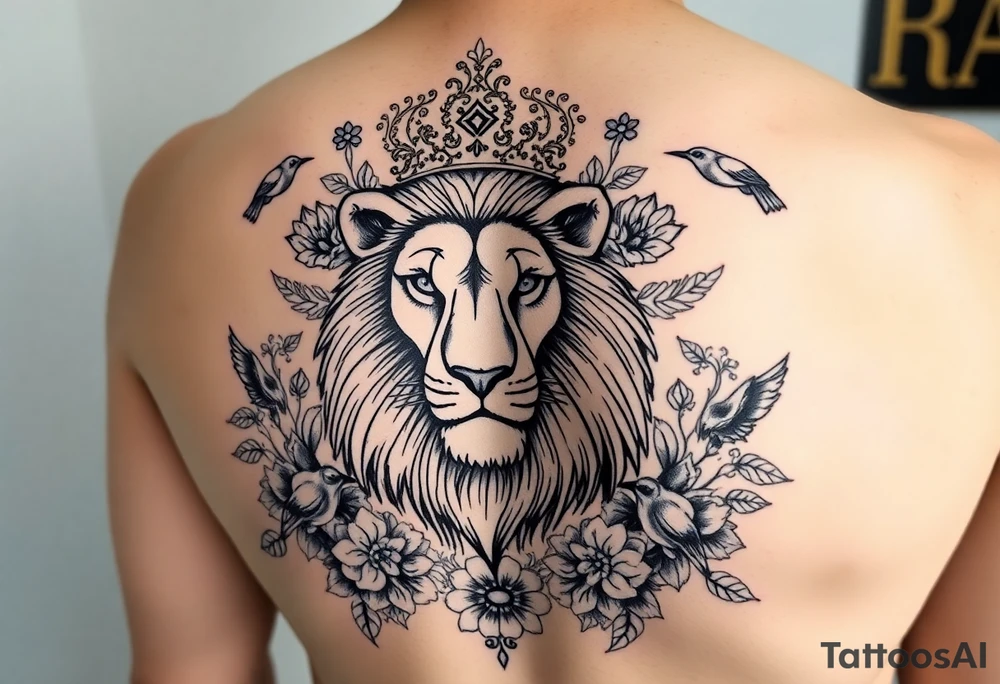 powerful majestic lion with a crown, surrounded by floral ornaments and birds tattoo idea