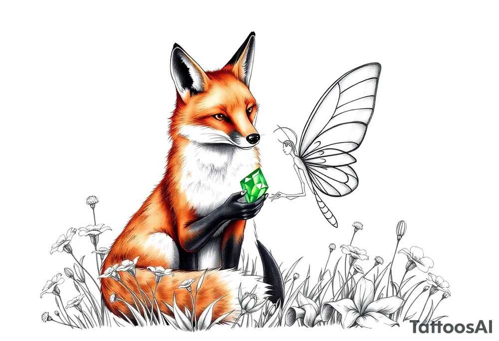 Fox with a fairy standing close to it  holding a emerild jem in a field of lillys tattoo idea