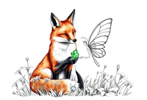 Fox with a fairy standing close to it  holding a emerild jem in a field of lillys tattoo idea