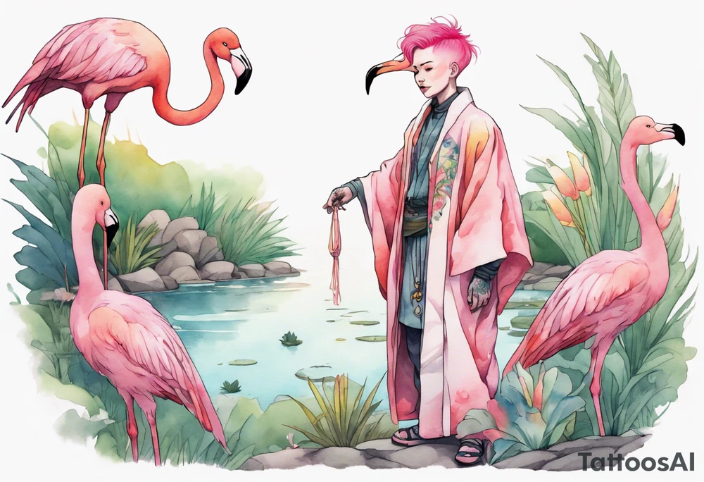 a smiling nonbinary person with pink hair wearing a rainbow medieval robe standing next to a single flamingo near a pond tattoo idea