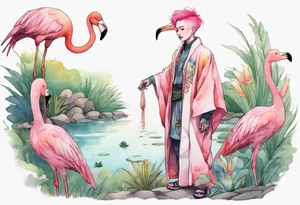 a smiling nonbinary person with pink hair wearing a rainbow medieval robe standing next to a single flamingo near a pond tattoo idea