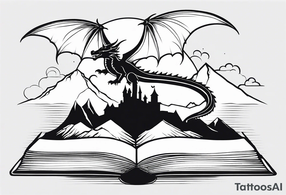 an open fairy book. a dragon with scales and four legs flying in the sky. a castle. three mountain peaks tattoo idea