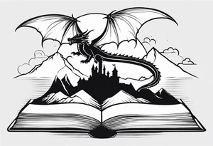 an open fairy book. a dragon with scales and four legs flying in the sky. a castle. three mountain peaks tattoo idea
