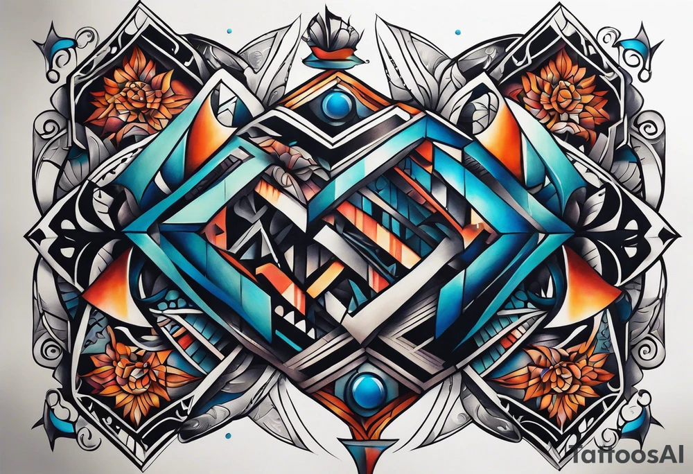 semi Detailed neo traditional knee tattoo flat on paper. The tattoo features geometric patterns and bold lines, creating a visually striking design with slight tints of deep fall colors. outside the tattoo features deep blues washes and water swirls tattoo idea