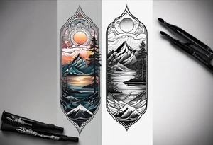 i want two different tattoos next to each other in a matching sytle. one is going to be about a sea/beach at sunset and the second one is mountains with sunrise. All going to be black and white. tattoo idea