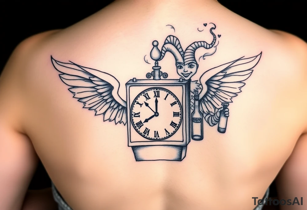 jack in the box tattoo with
the box as a clock with the time 420
two open wings besides the clock
smoke as the spring rising from the clock
a jester clown coming out the smoke
smoking in one hand with a liquor bottle on the other hand tattoo idea